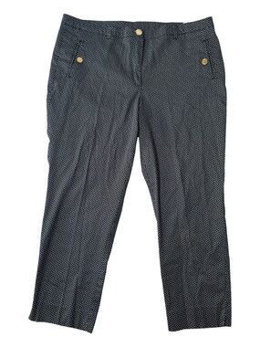 Anne Klein Navy White Geometric Print Capri Pants Gold Button Size 14
